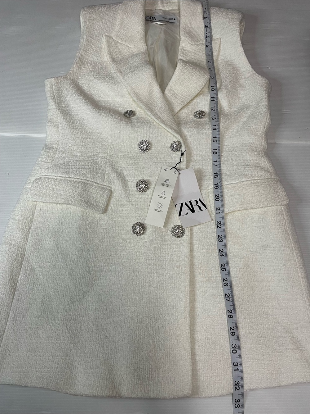 Zara White Tweed Textured Vest Waistcoat Blazer Dress Rhinestone Buttons Size L - Picture 5 of 11